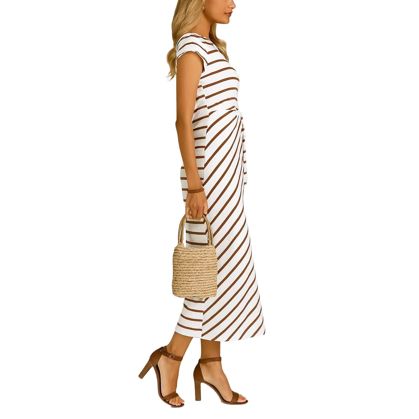 Damen Midi-Sommerkleid mit Streifenmuster & Bindegürtel