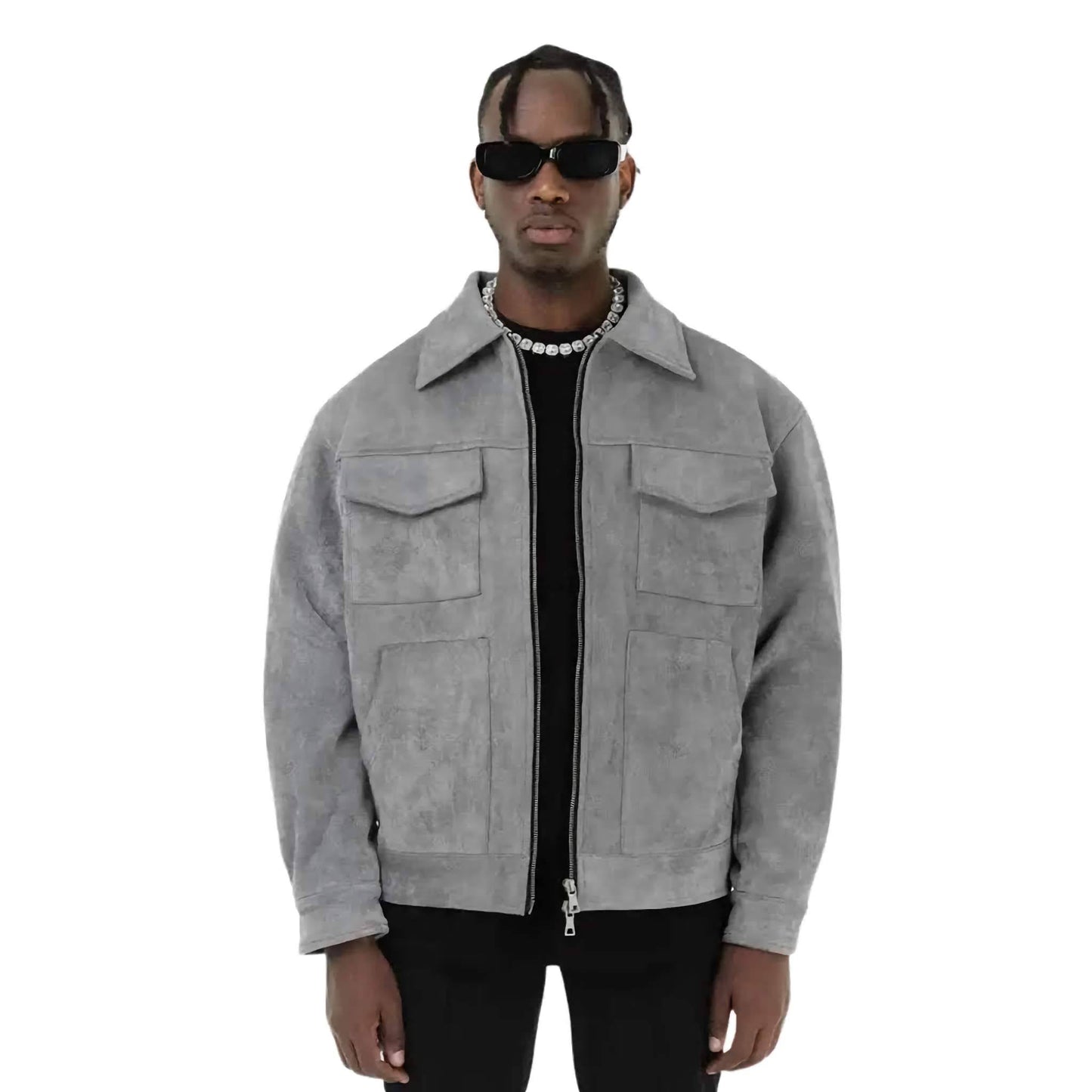 Graue Lederjacke für Herren – Clean Design mit Brusttaschen