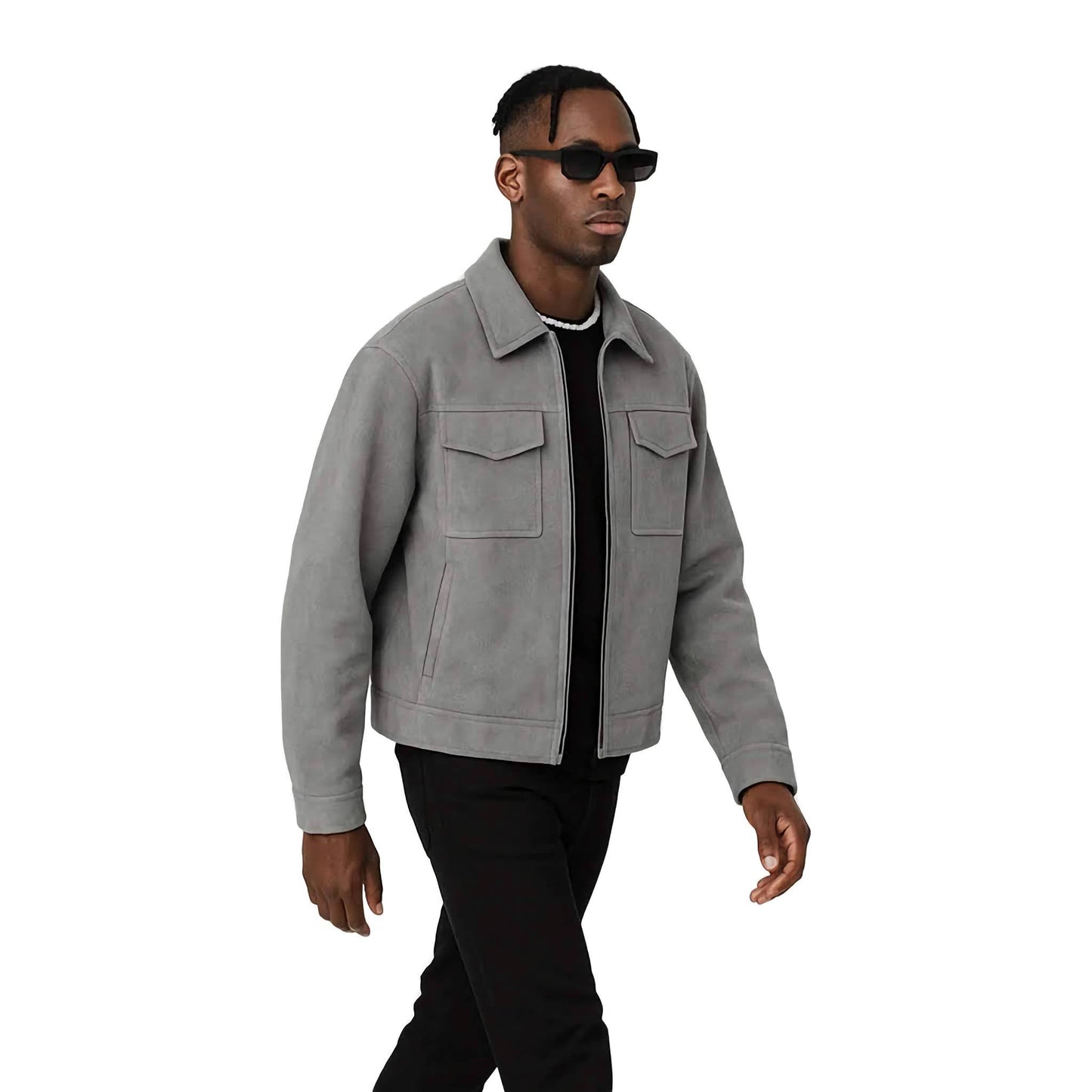 Graue Lederjacke für Herren – Clean Design mit Brusttaschen