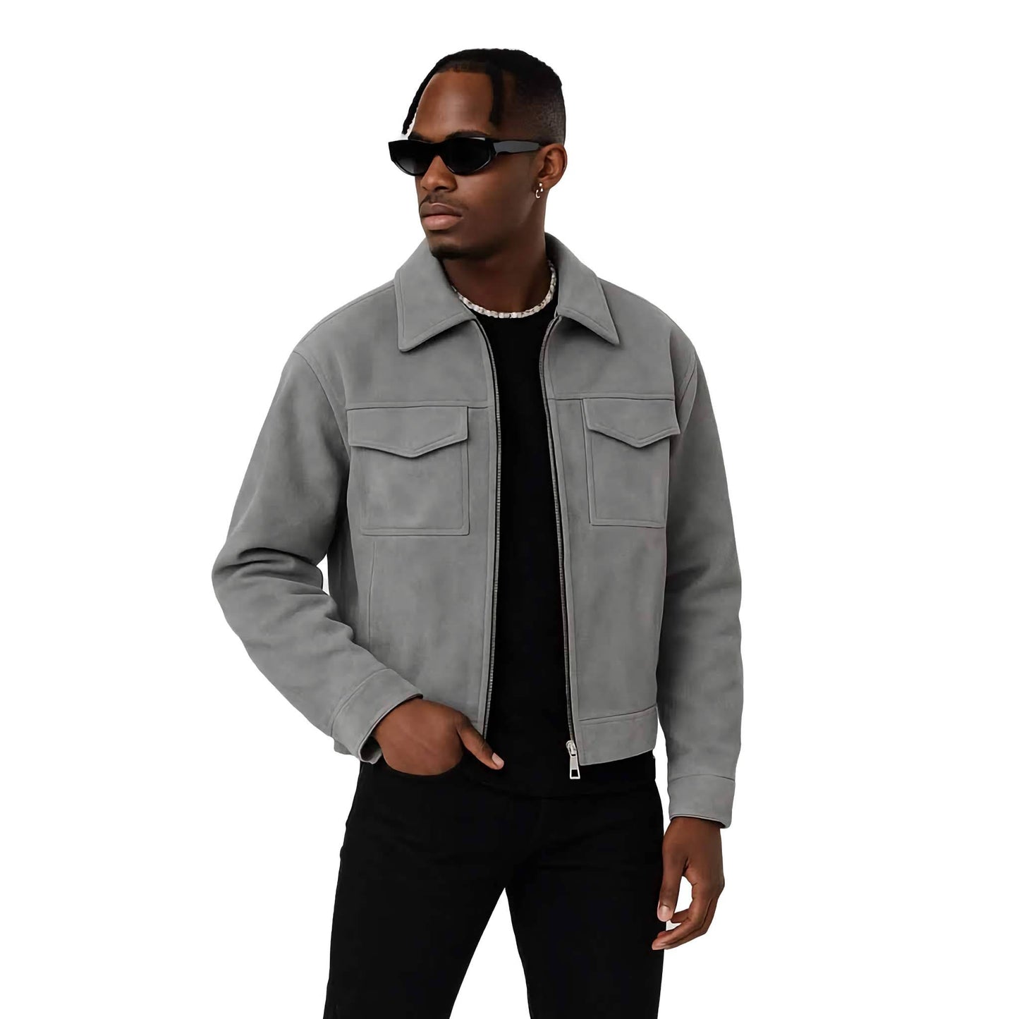Graue Lederjacke für Herren – Clean Design mit Brusttaschen