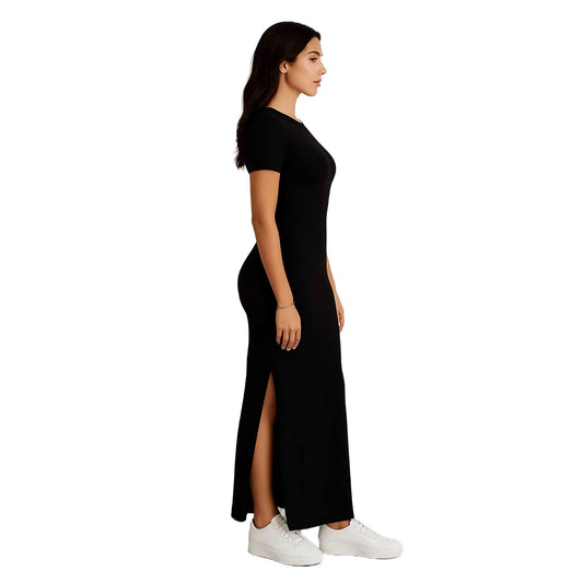 Schwarzes Maxi-T-Shirt-Kleid mit Seitenschlitz