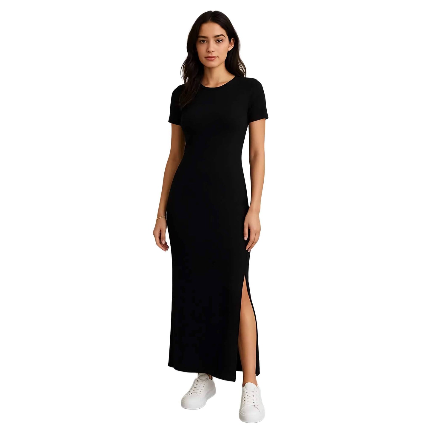 Schwarzes Maxi-T-Shirt-Kleid mit Seitenschlitz