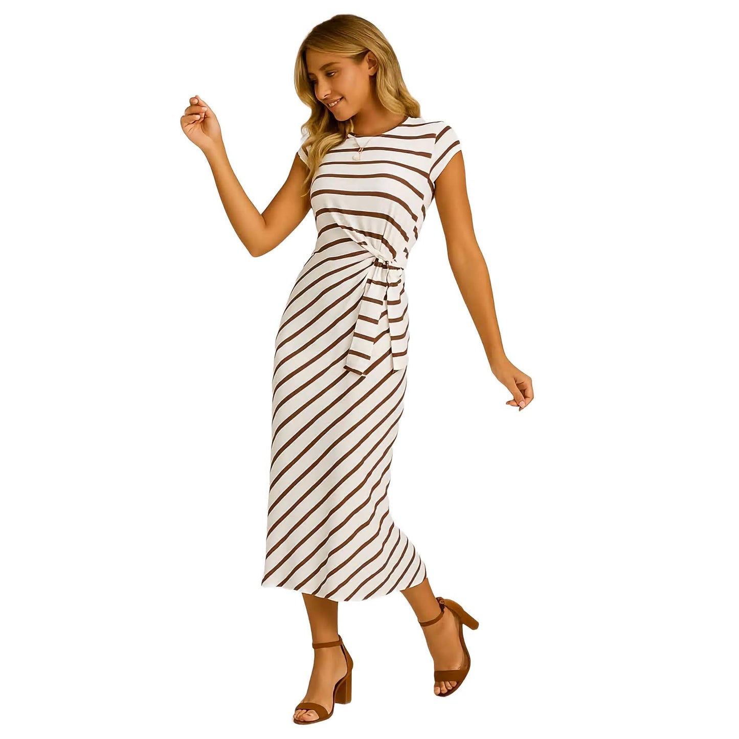 Damen Midi-Sommerkleid mit Streifenmuster & Bindegürtel