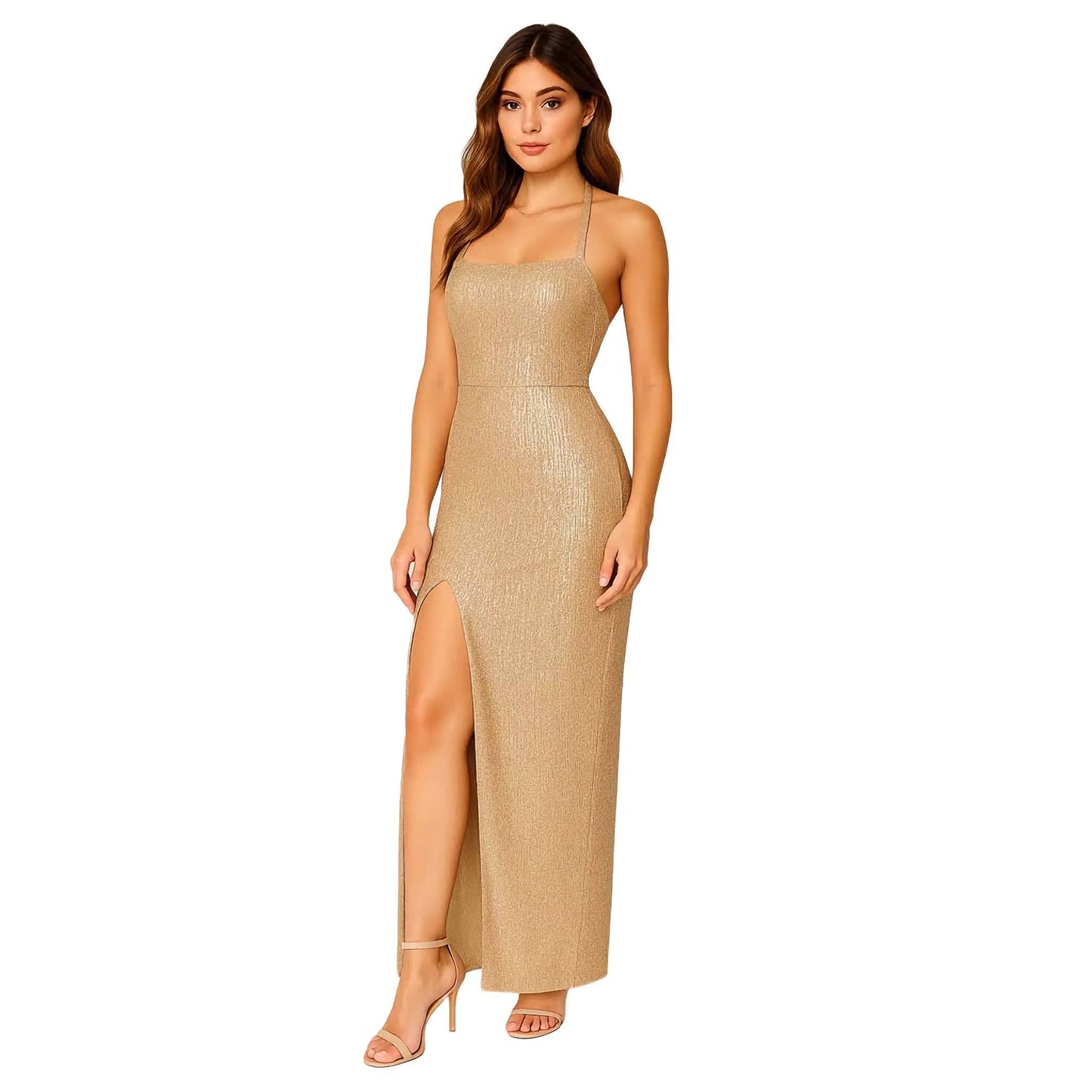 Langes Glitzerkleid in Gold – Elegant & Figurbetont