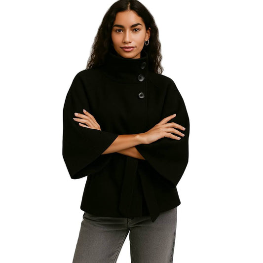 Damen Wolljacke – Elegante Kurzjacke mit Stehkragen, Bindegürtel & weiten Ärmeln