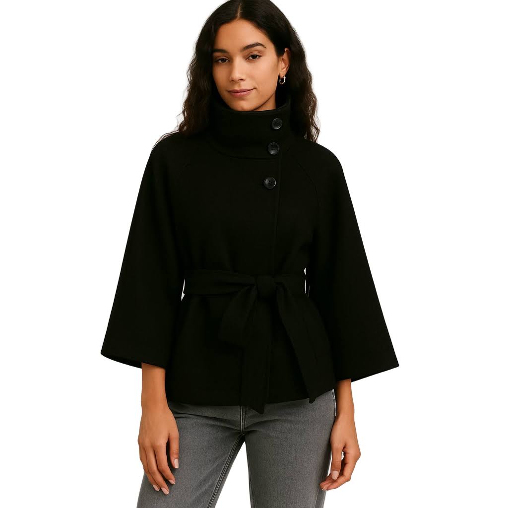 Damen Wolljacke – Elegante Kurzjacke mit Stehkragen, Bindegürtel & weiten Ärmeln