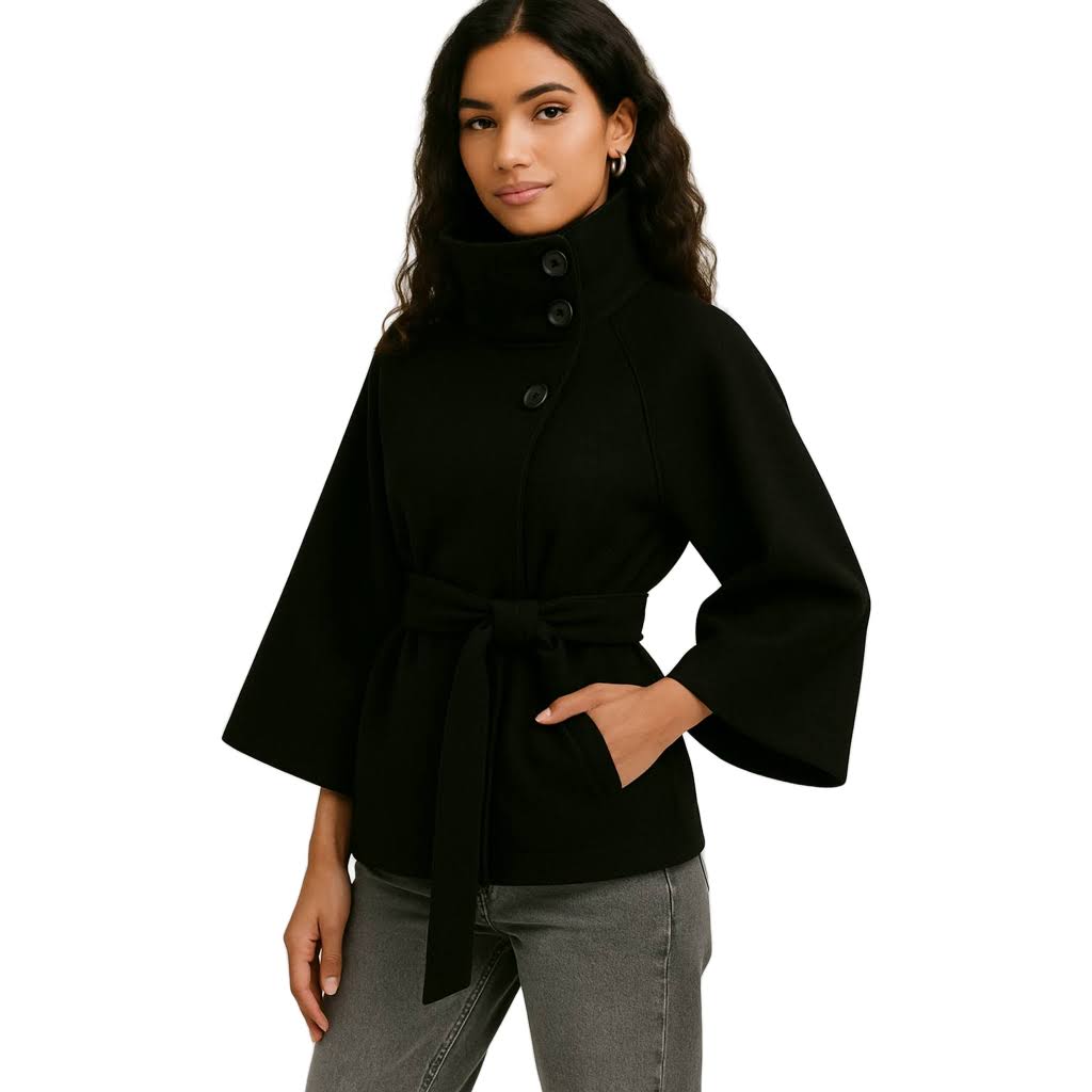 Damen Wolljacke – Elegante Kurzjacke mit Stehkragen, Bindegürtel & weiten Ärmeln