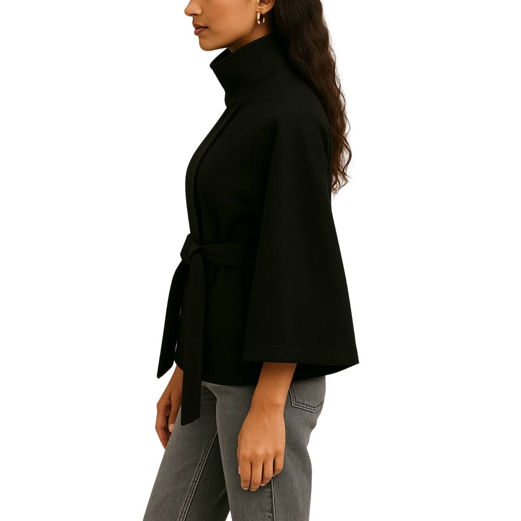 Damen Wolljacke – Elegante Kurzjacke mit Stehkragen, Bindegürtel & weiten Ärmeln