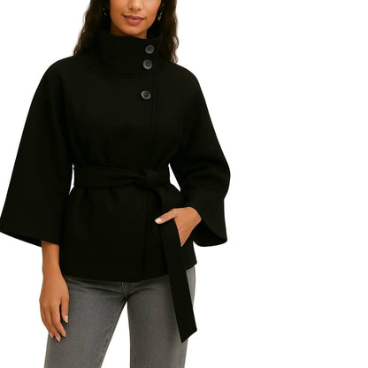 Damen Wolljacke – Elegante Kurzjacke mit Stehkragen, Bindegürtel & weiten Ärmeln