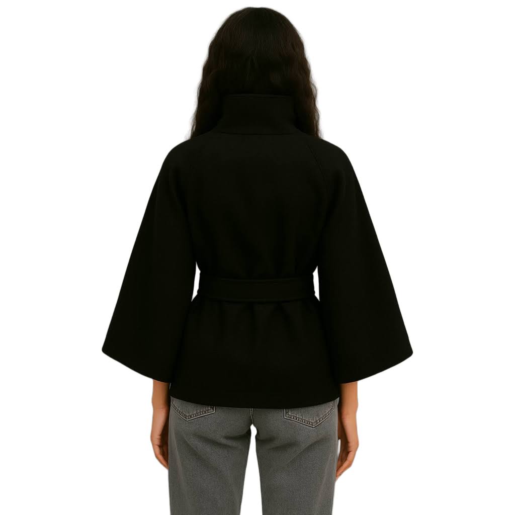 Damen Wolljacke – Elegante Kurzjacke mit Stehkragen, Bindegürtel & weiten Ärmeln