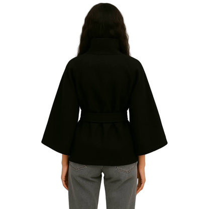 Damen Wolljacke – Elegante Kurzjacke mit Stehkragen, Bindegürtel & weiten Ärmeln
