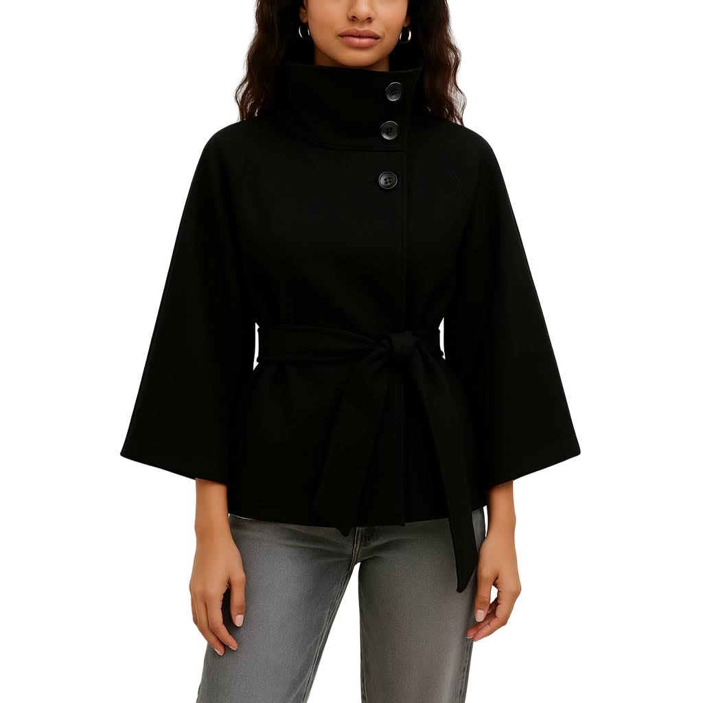Damen Wolljacke – Elegante Kurzjacke mit Stehkragen, Bindegürtel & weiten Ärmeln