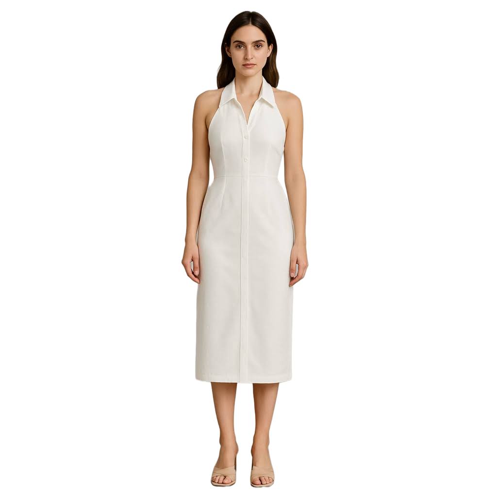 Figurbetontes weißes Midikleid – Halterneck, elegant & vielseitig