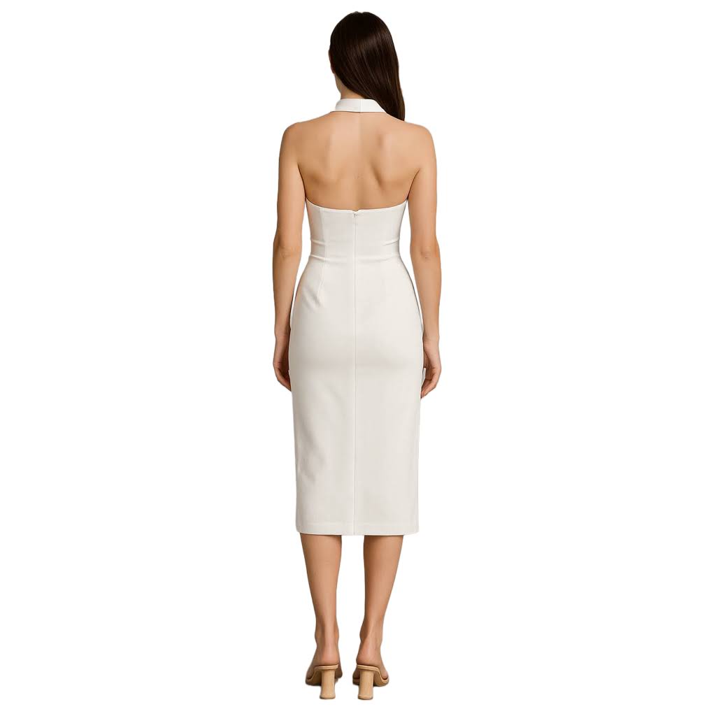 Figurbetontes weißes Midikleid – Halterneck, elegant & vielseitig