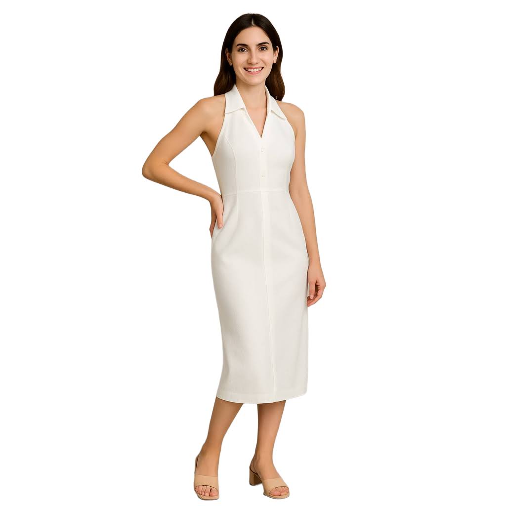 Figurbetontes weißes Midikleid – Halterneck, elegant & vielseitig